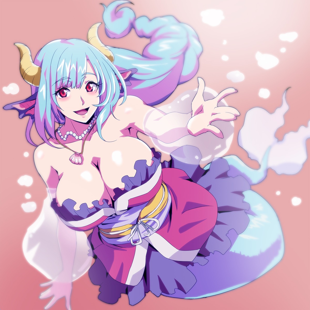 horns japanese_clothes mermaid monster_girl no_bra tagme tail