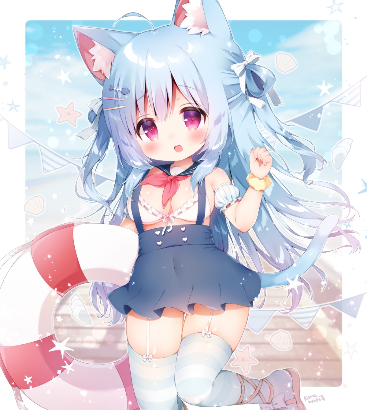 animal_ears bikini_top momozu_komamochi nekomimi stockings swimsuits tail thighhighs