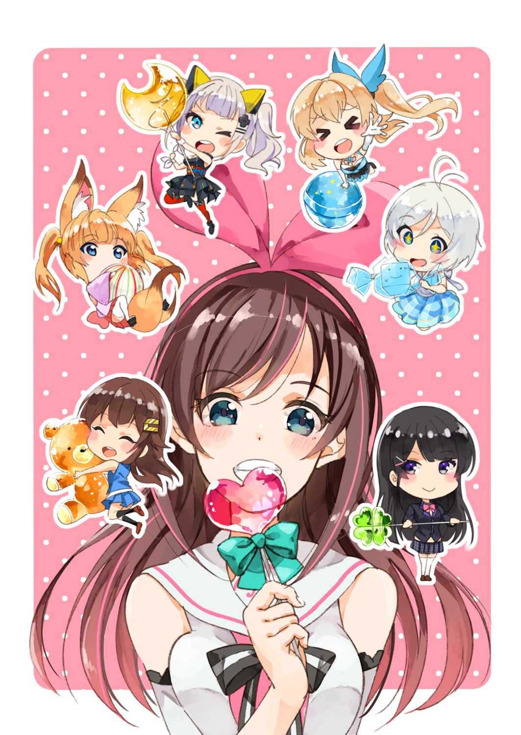 a.i._channel animal_ears chibi cleavage crossover dennou_shoujo_youtuber_shiro hololive japanese_clothes kaguya_luna kizuna_ai mirai_akari mirai_akari_project nijisanji seifuku shiro_(dennou_shoujo_youtuber_shiro) tail the_moon_studio thighhighs tokino_sora tsukino_mito uminekoritorubasuta-zu