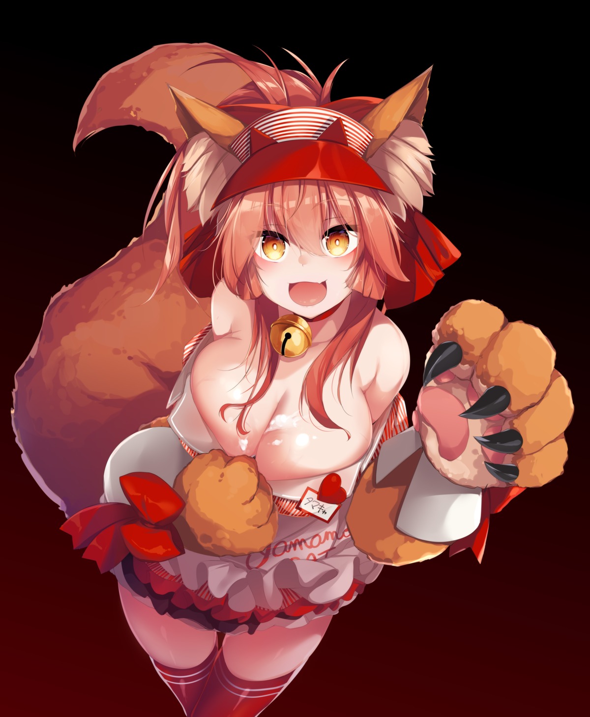 animal_ears cream fate/grand_order kana616 kitsune no_bra open_shirt tail tamamo_cat thighhighs undressing waitress