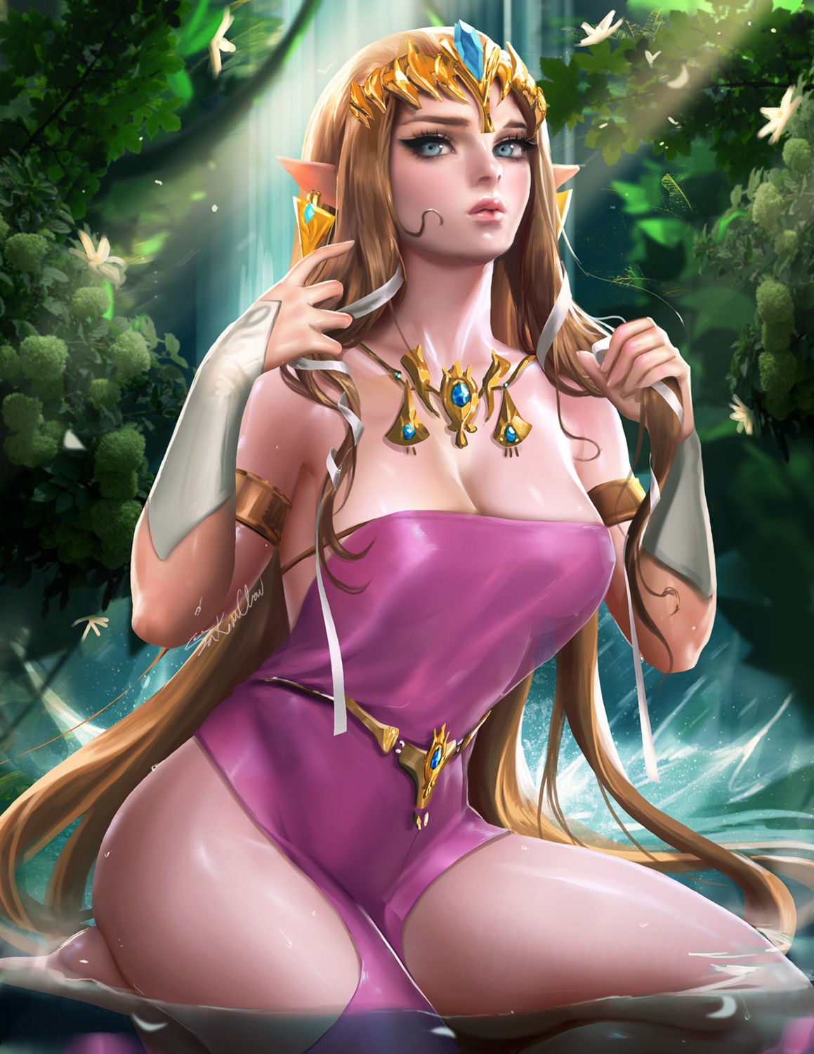 cleavage dress no_bra pointy_ears princess_zelda sakimichan the_legend_of_zelda wet