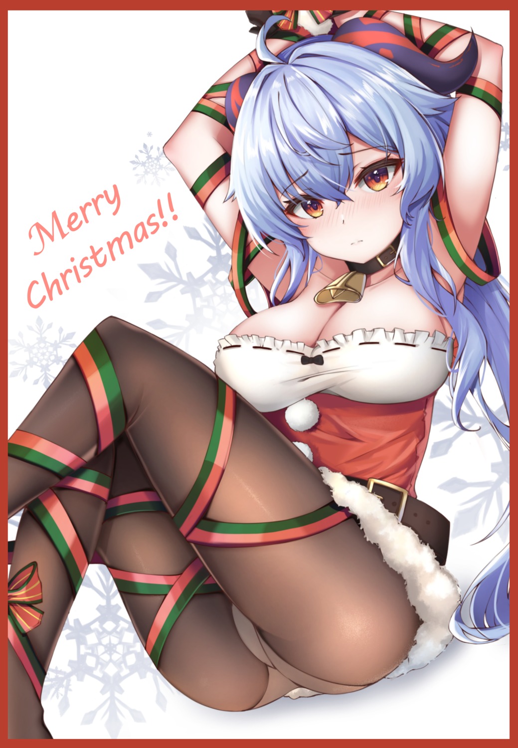 bondage christmas ganyu genshin_impact horns nahanmin no_bra pantsu pantyhose skirt_lift