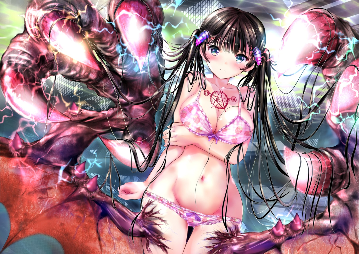 bra breast_hold cleavage monster_girl ogata_tei pantsu panty_pull tattoo wings