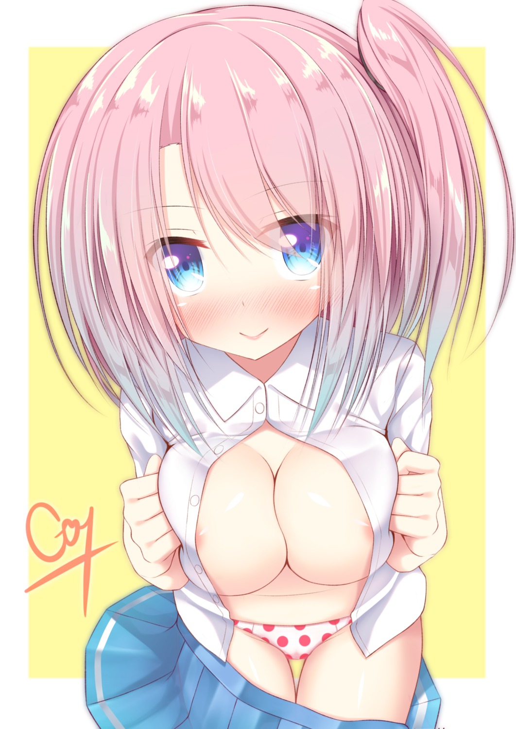 areola breast_hold cleavage dress_shirt go-1 no_bra open_shirt pantsu