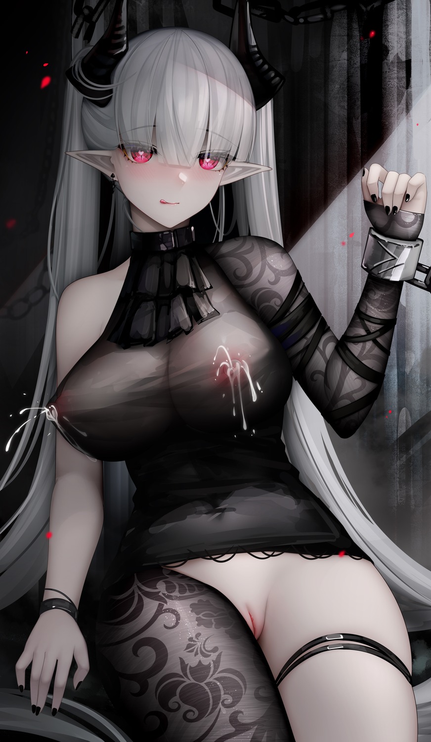 arknights bondage bottomless garter horns lactation nipples no_bra pointy_ears pussy see_through uncensored zhixue