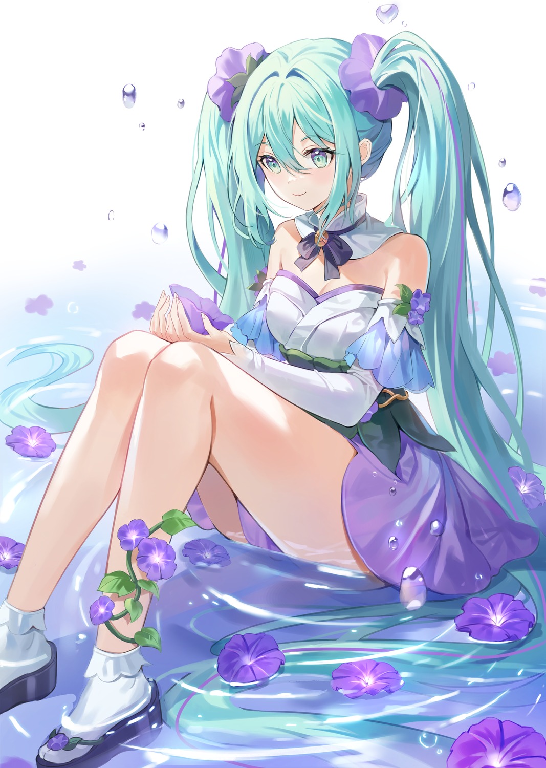 02bear20 asian_clothes cleavage hatsune_miku no_bra skirt_lift vocaloid wet