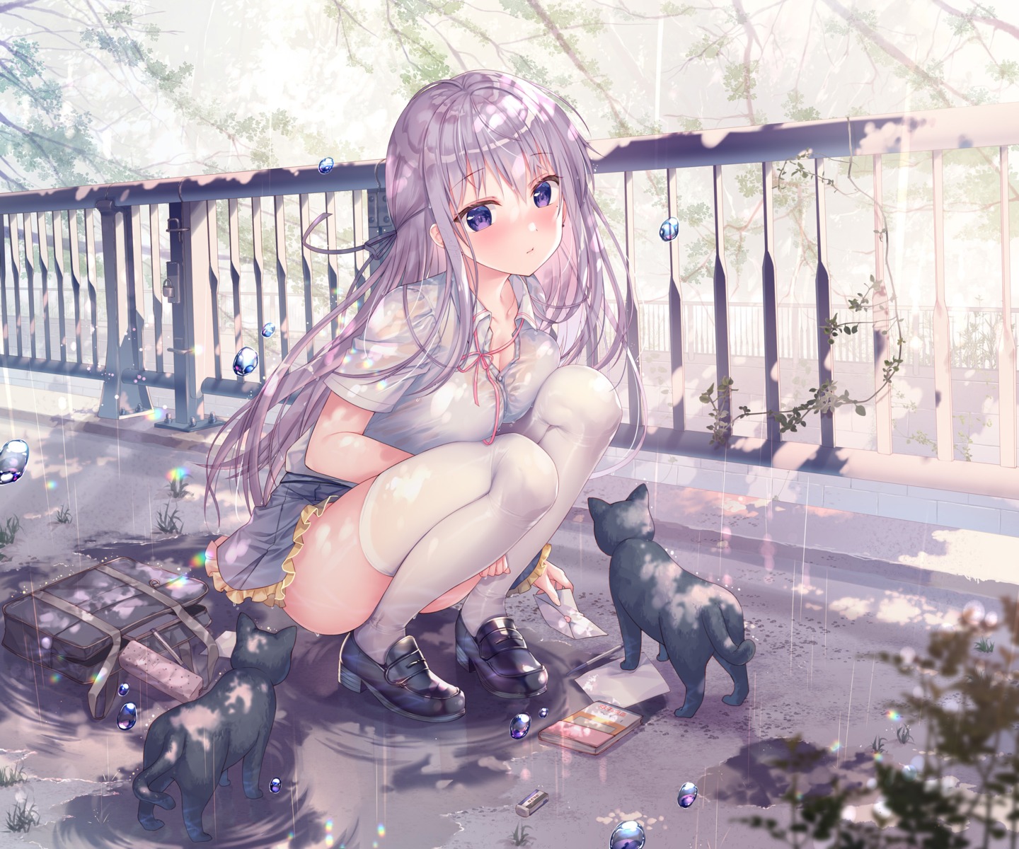 hiiragi_asuka_(twinbox) neko see_through seifuku skirt_lift thighhighs twinbox twinbox_school wet_clothes