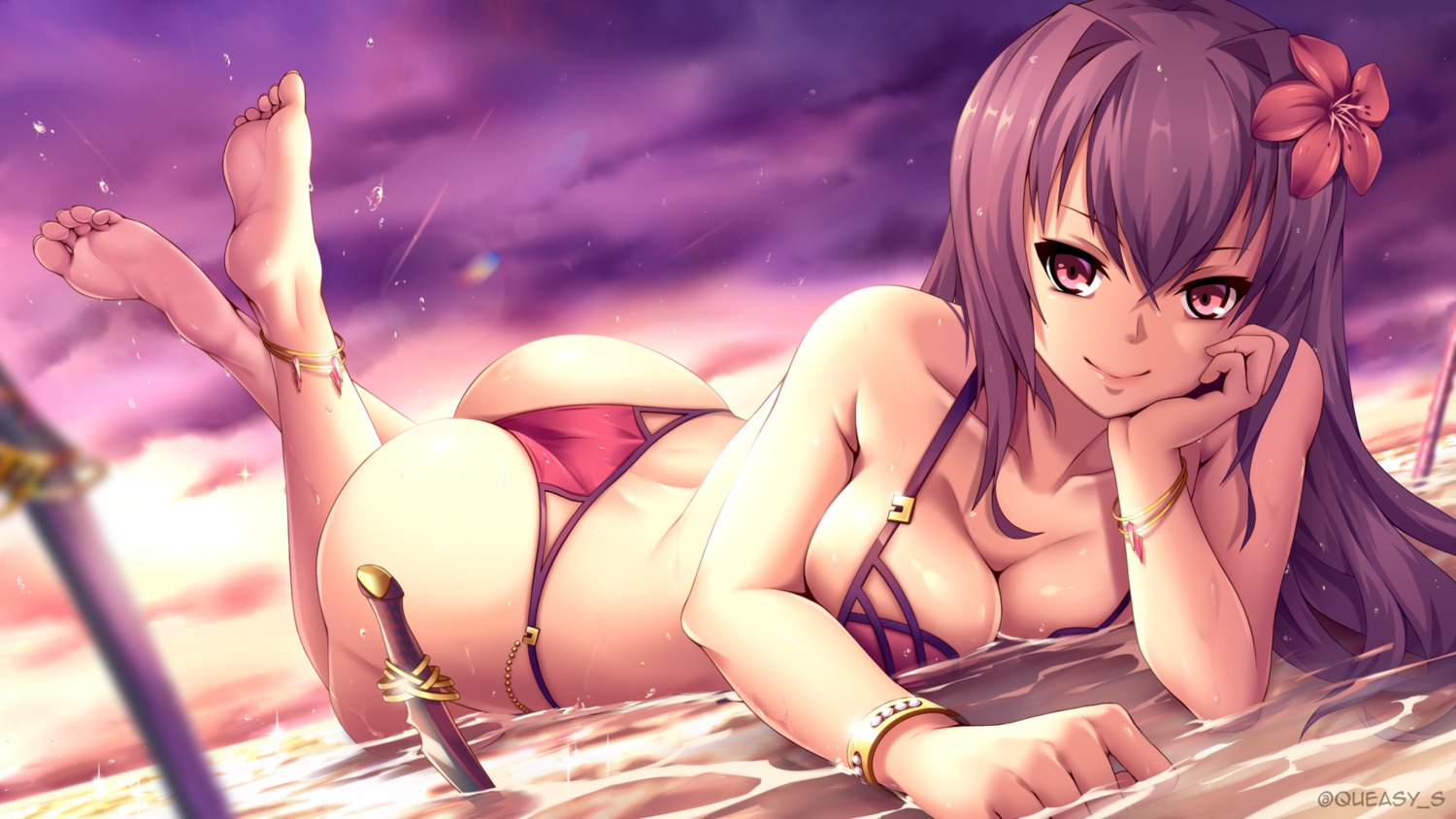 bikini fate/grand_order feet queasy_s scathach_(fate/grand_order) swimsuits thong wallpaper weapon wet