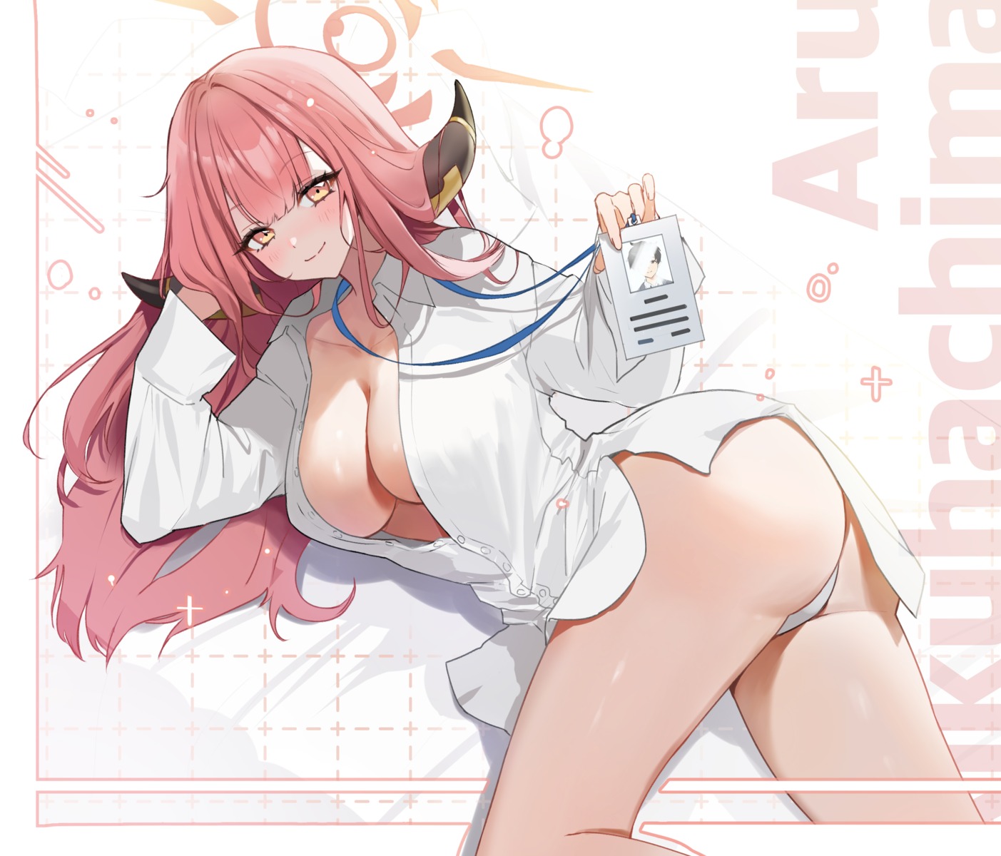 blue_archive dress_shirt halo horns hovaku no_bra open_shirt pantsu rikuhachima_aru thong