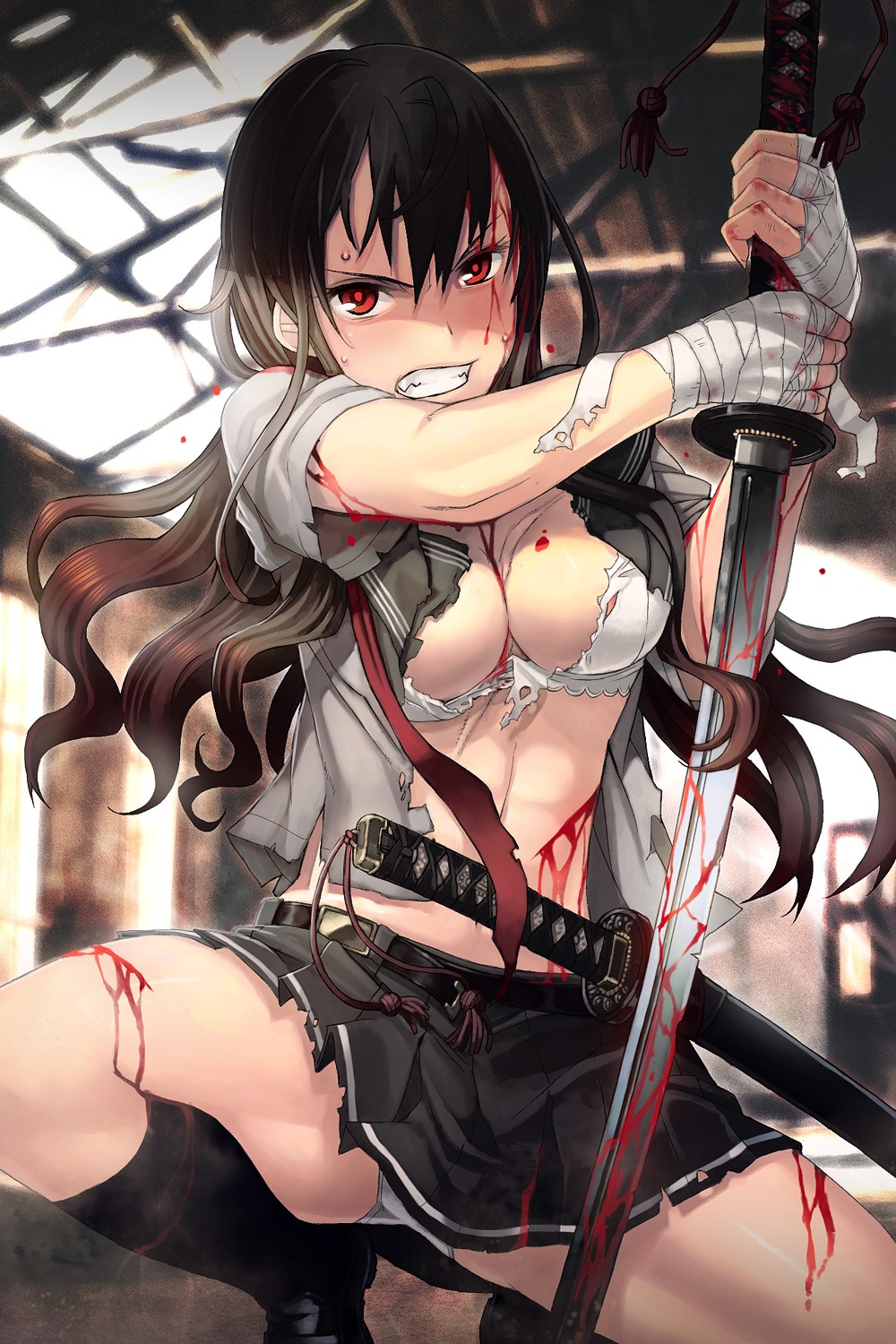 areola bandages blood bra cleavage itou_(onsoku_tassha) open_shirt pantsu seifuku sword torn_clothes