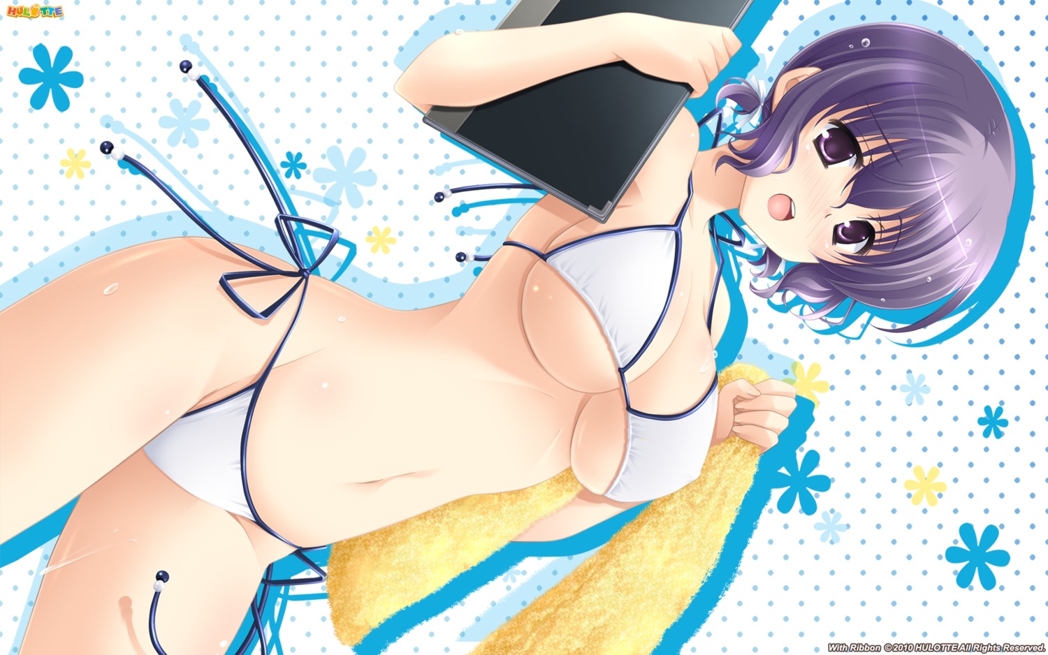 asaka_minako bikini cleavage erect_nipples hulotte ikegami_akane swimsuits towel underboob wallpaper with_ribbon