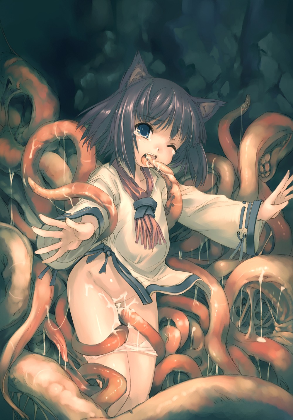 animal_ears bottomless extreme_content hitomaru loli nekomimi shrine tentacles