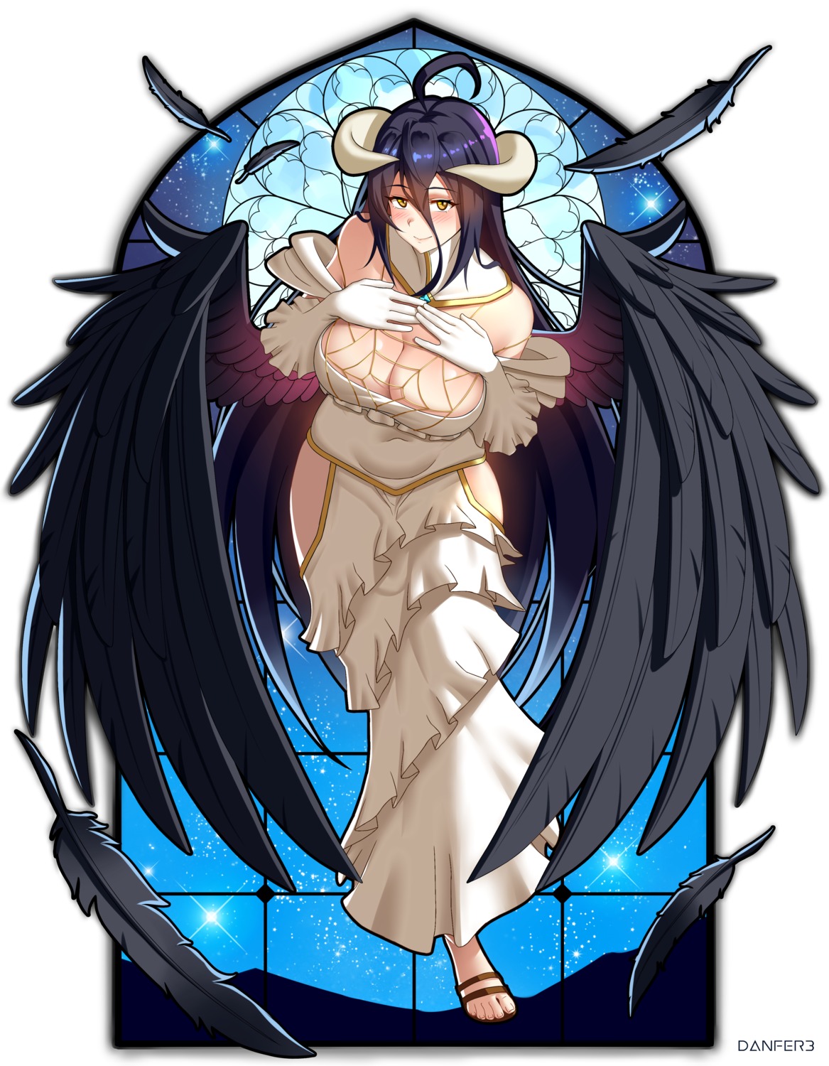 albedo_(overlord) cleavage danfer3 dress horns no_bra overlord wings