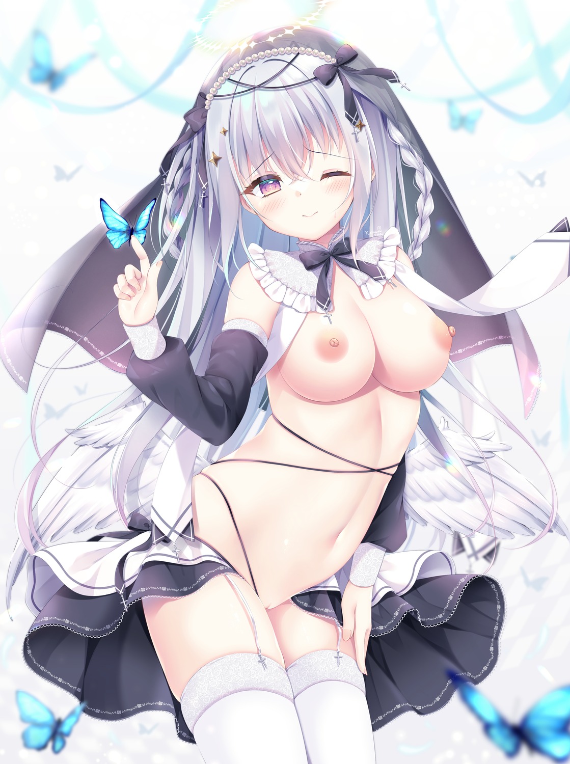 breasts nipples nopan nun pantsu pussy skirt_lift stockings thighhighs thong uncensored wings yukimura_usagi