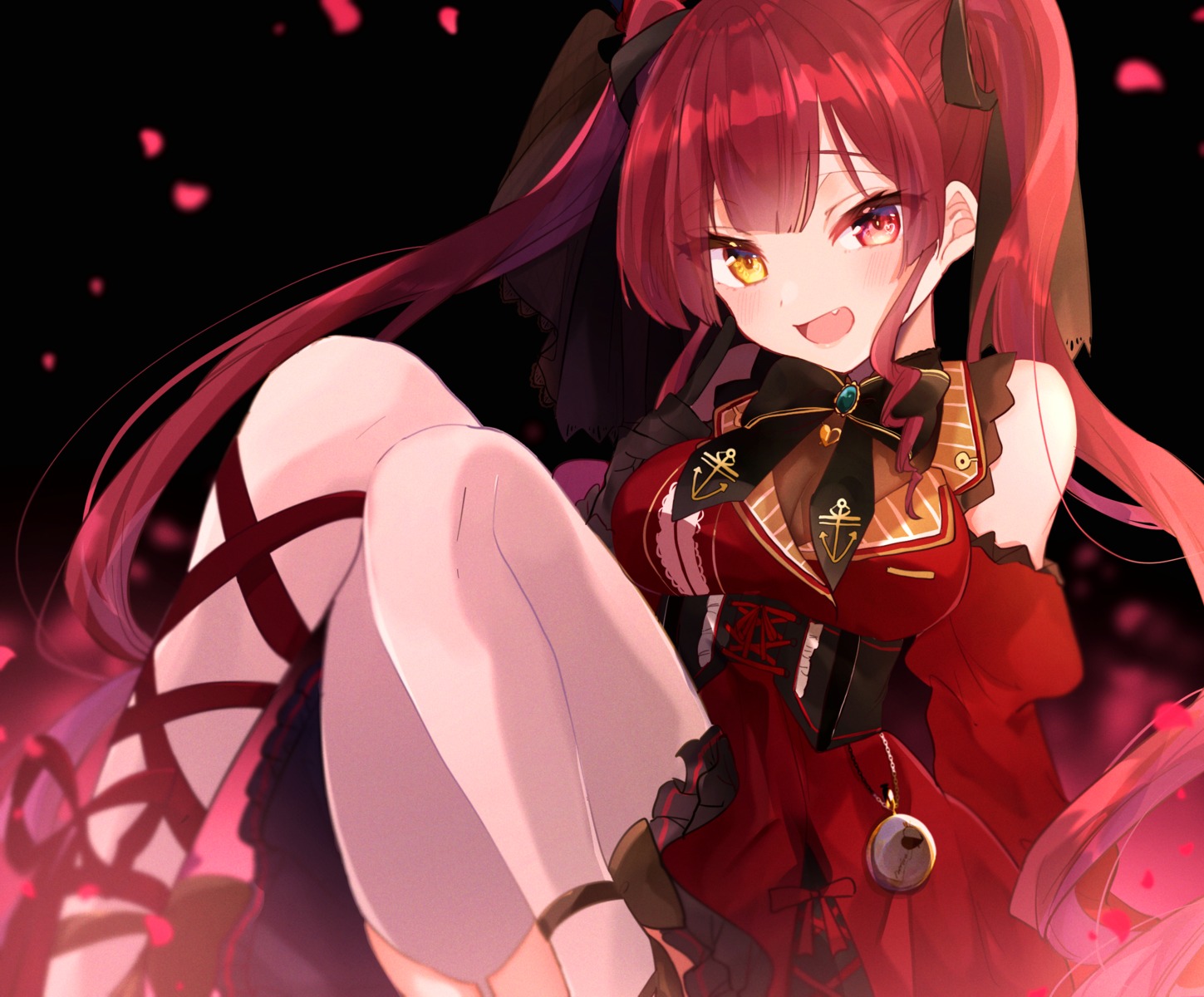 andou_uiro heterochromia hololive houshou_marine skirt_lift stockings thighhighs