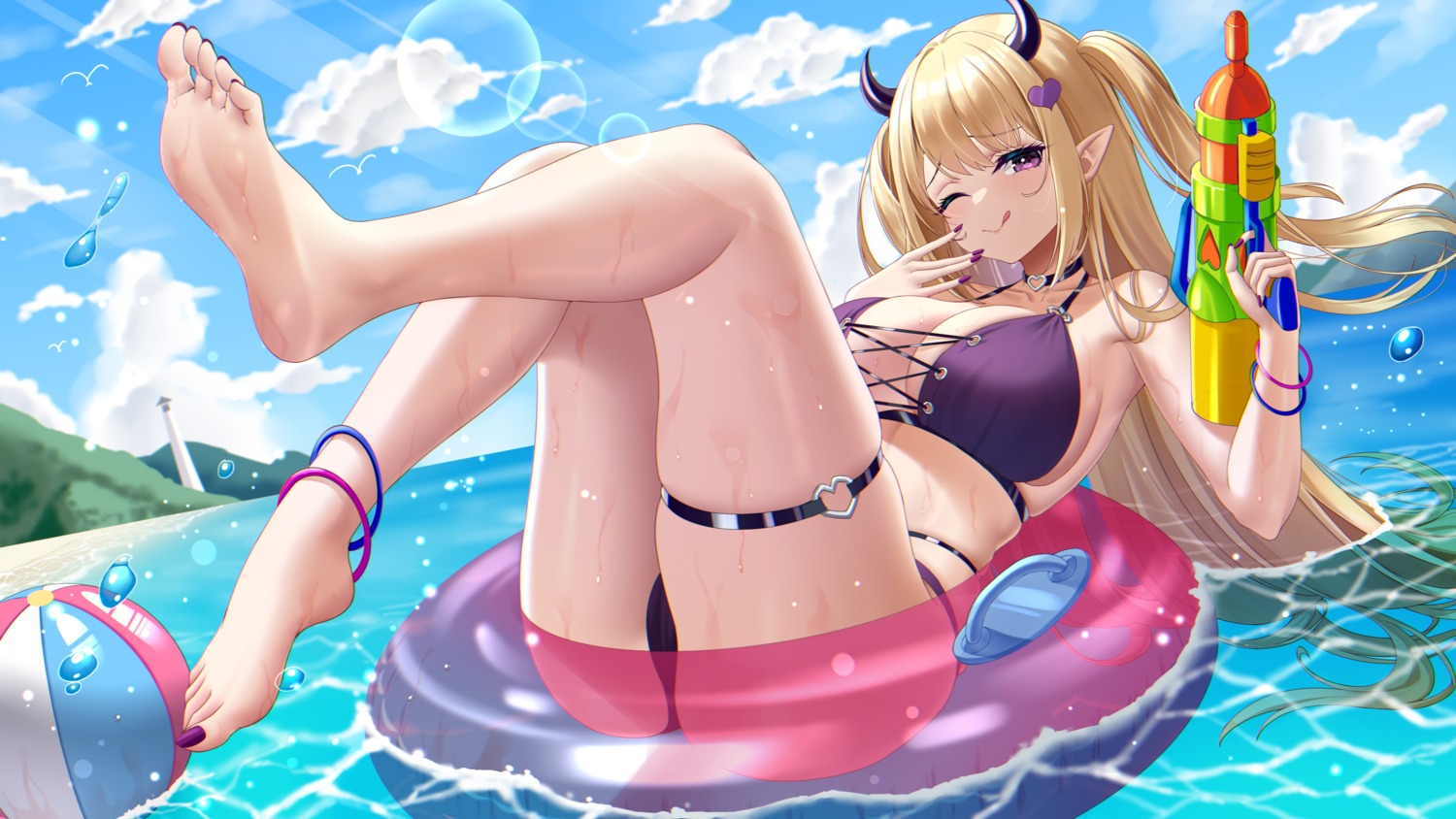 bikini cameltoe chitu_hefeng_zhong feet garter gun horns pointy_ears swimsuits thong wet