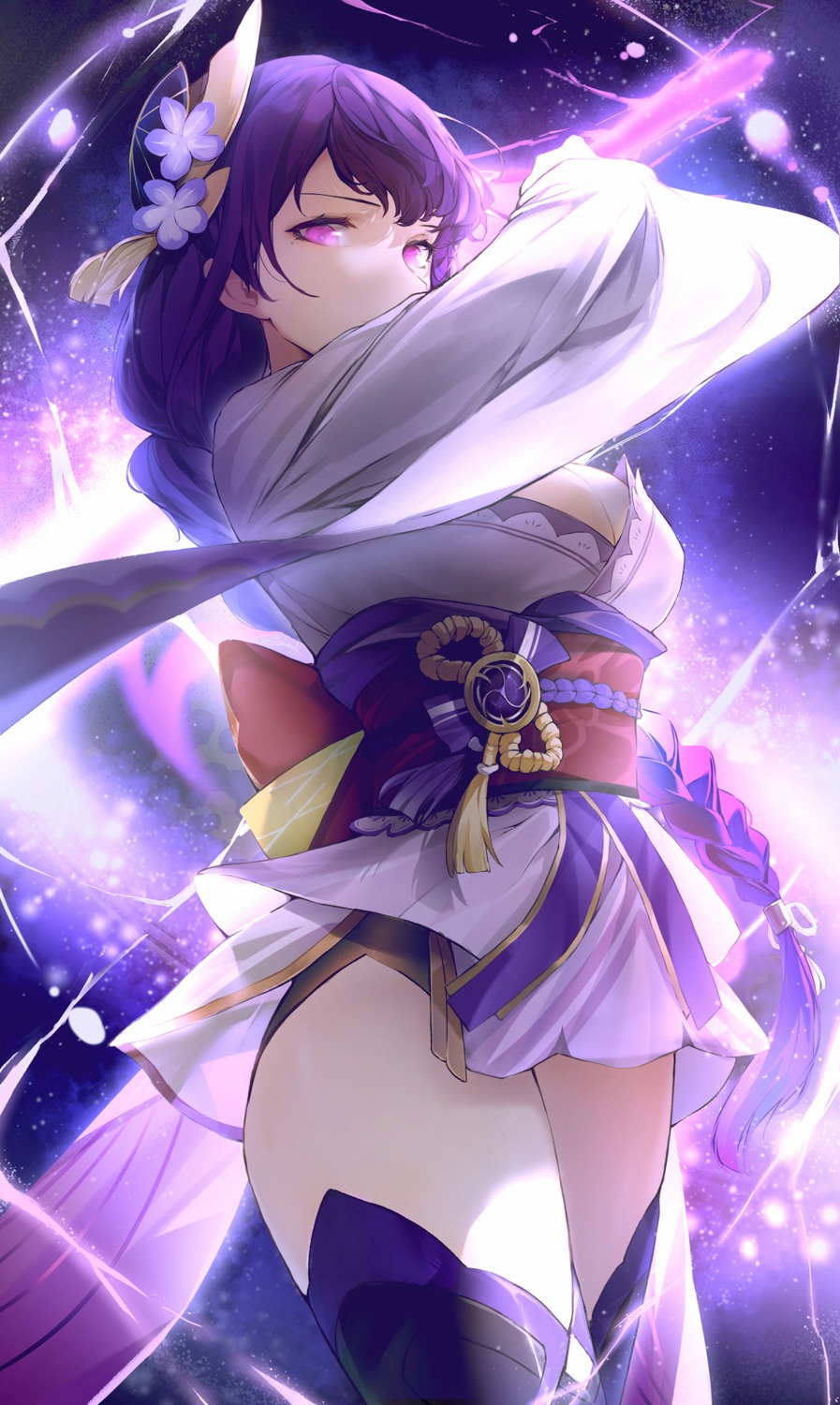 genshin_impact japanese_clothes raiden_shogun snozaki sword thighhighs