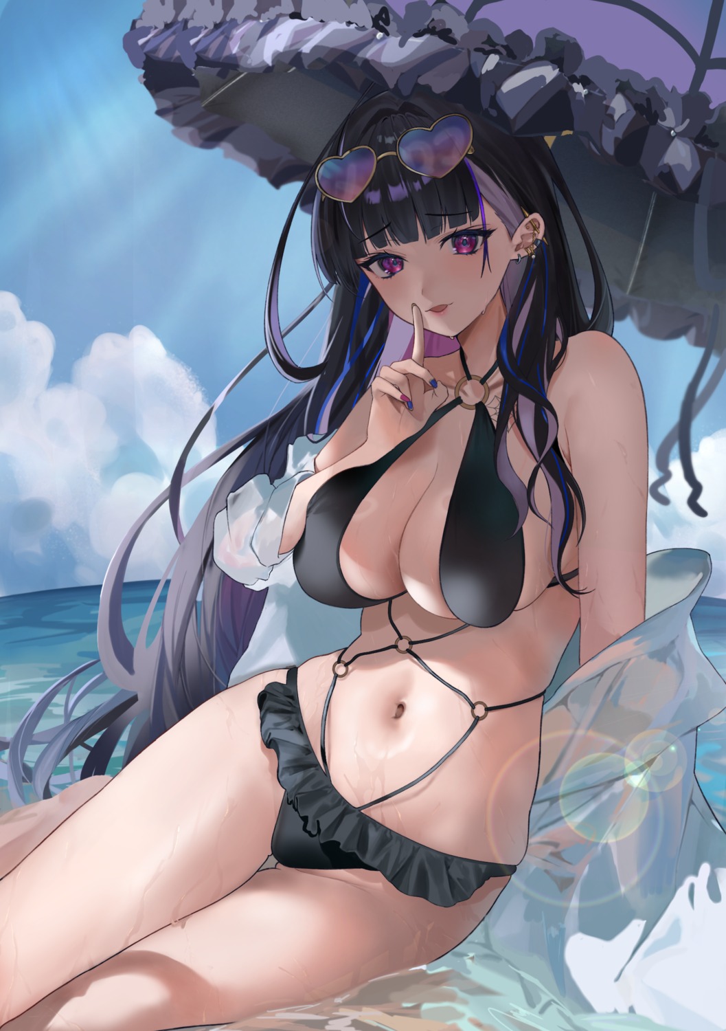 bikini dress_shirt megane meloco_kyoran nijisanji nijisanji_en open_shirt satchi_(sattytabunnhenn) see_through swimsuits tattoo umbrella wet wet_clothes