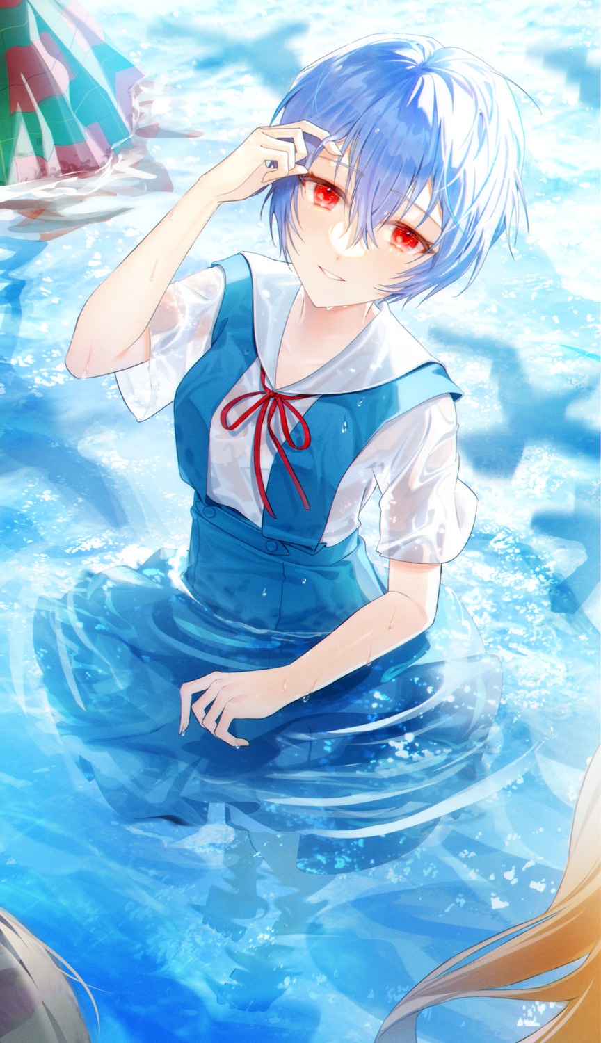 ayanami_rei neon_genesis_evangelion no_bra see_through seifuku shandega skirt_lift wet wet_clothes