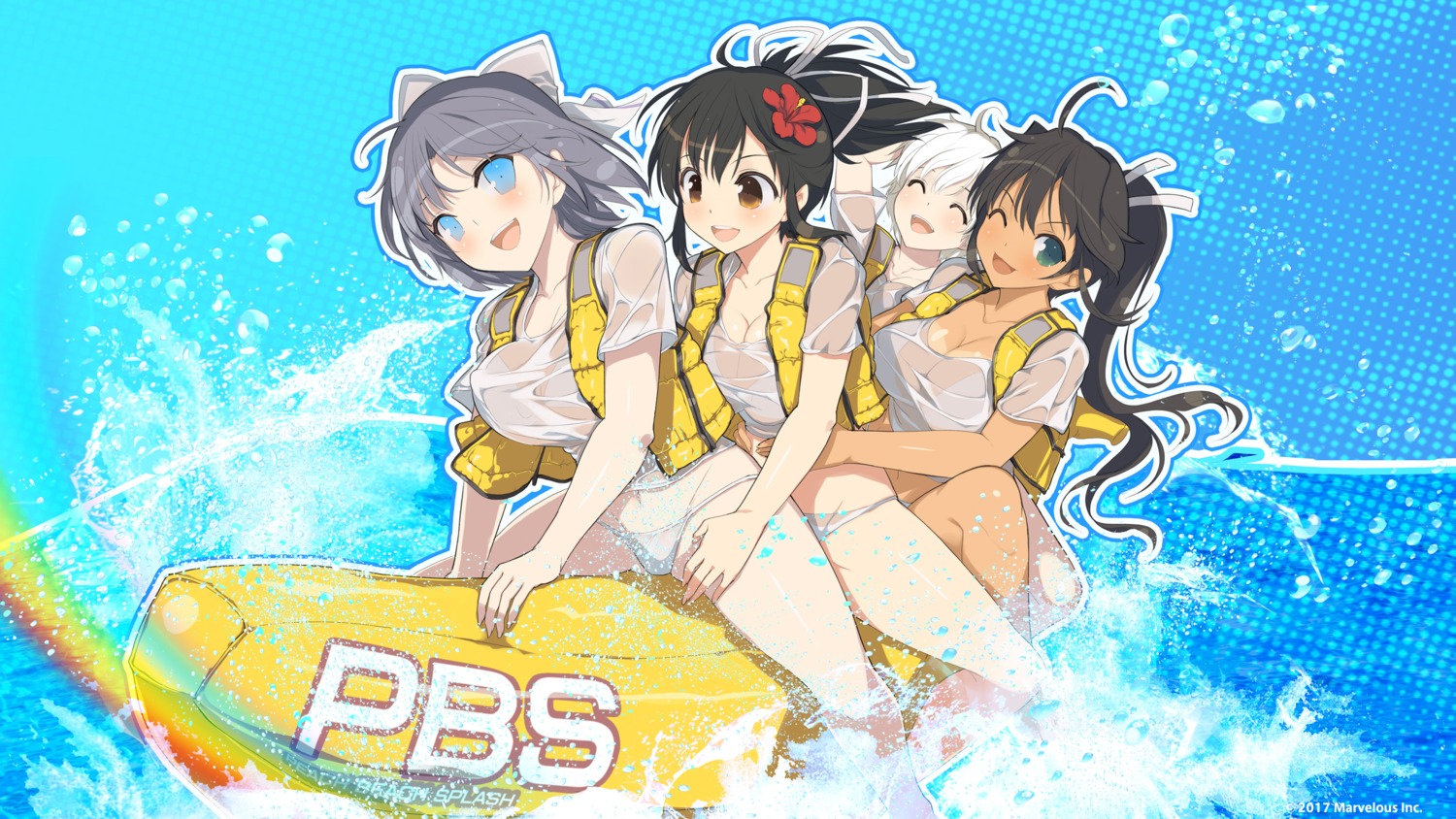 asuka_(senran_kagura) bikini homura_(senran_kagura) miyabi_(senran_kagura) see_through senran_kagura senran_kagura:_peach_beach_splash swimsuits tan_lines wet wet_clothes yaegashi_nan yumi_(senran_kagura)