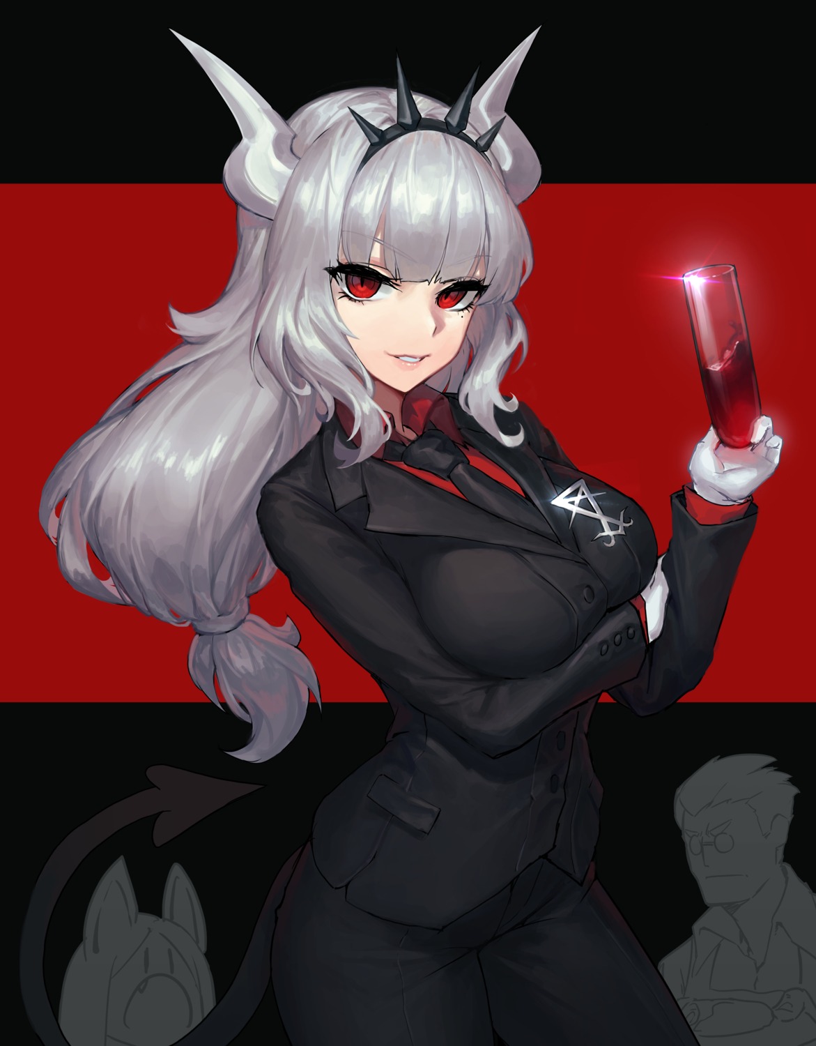 breast_hold business_suit dekka helltaker horns lucifer_(helltaker) tail