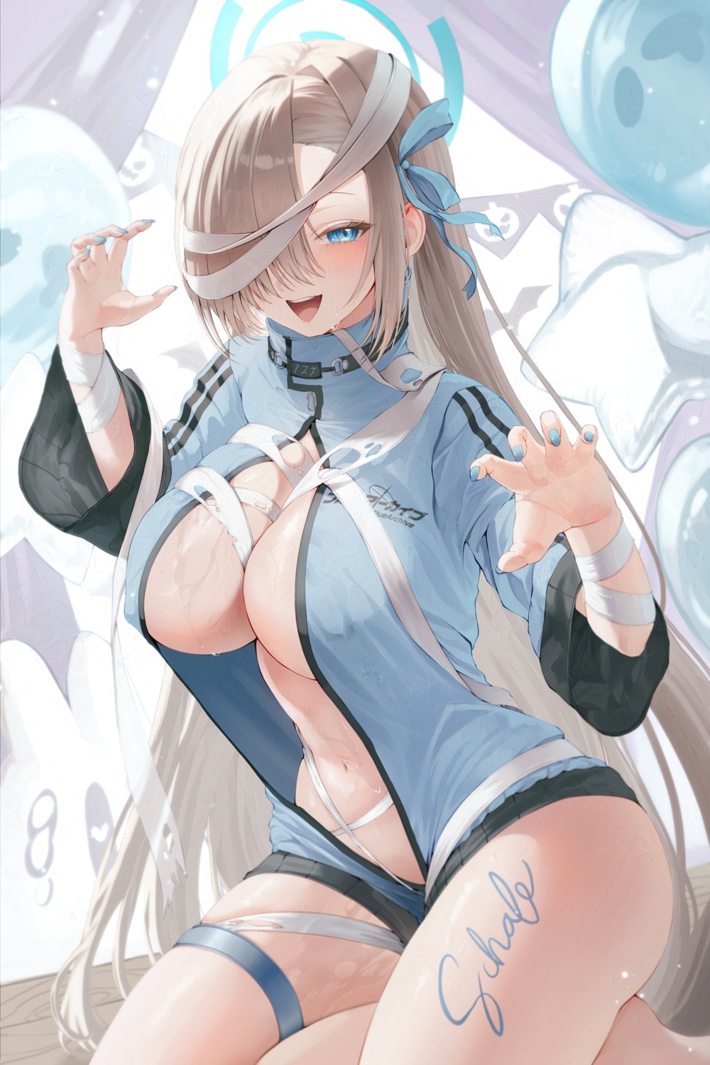 bandages blue_archive erect_nipples garter halloween halo ichinose_asuna meraring no_bra open_shirt wet