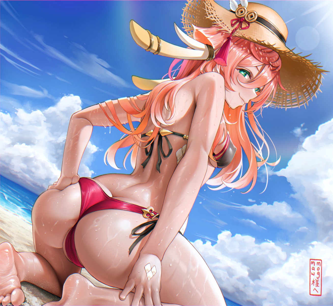 ass bikini cameltoe elocca erect_nipples genshin_impact horns swimsuits thong wet yanfei