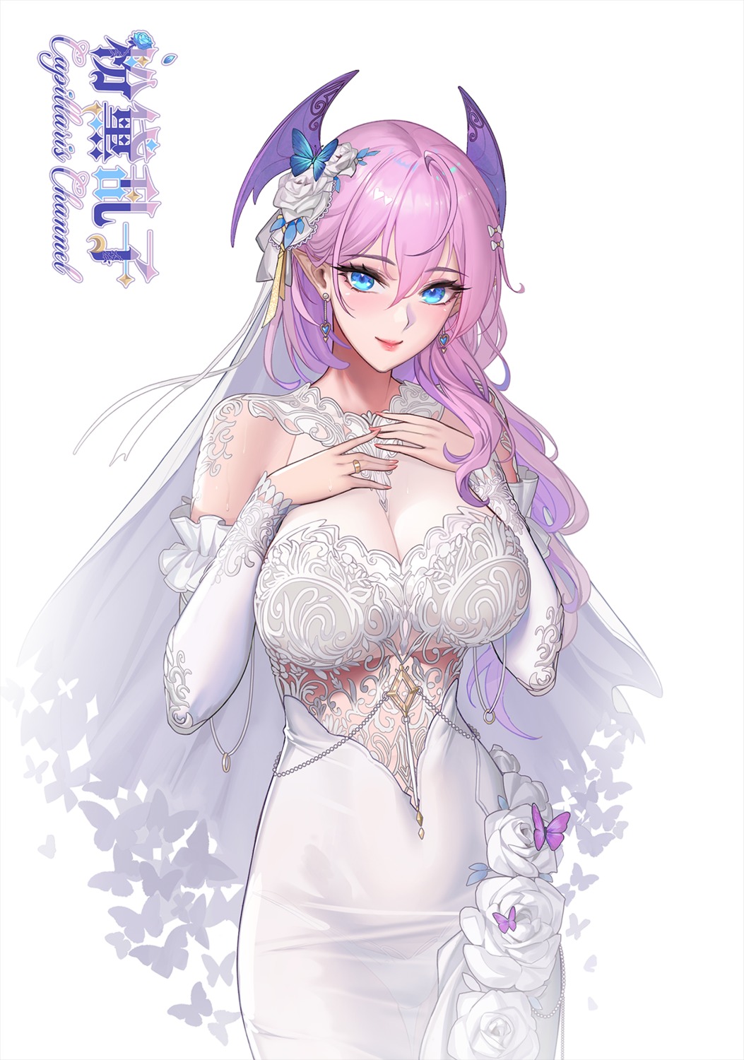 breast_hold cleavage dress horns pointy_ears see_through tsuki_no_i-min wedding_dress