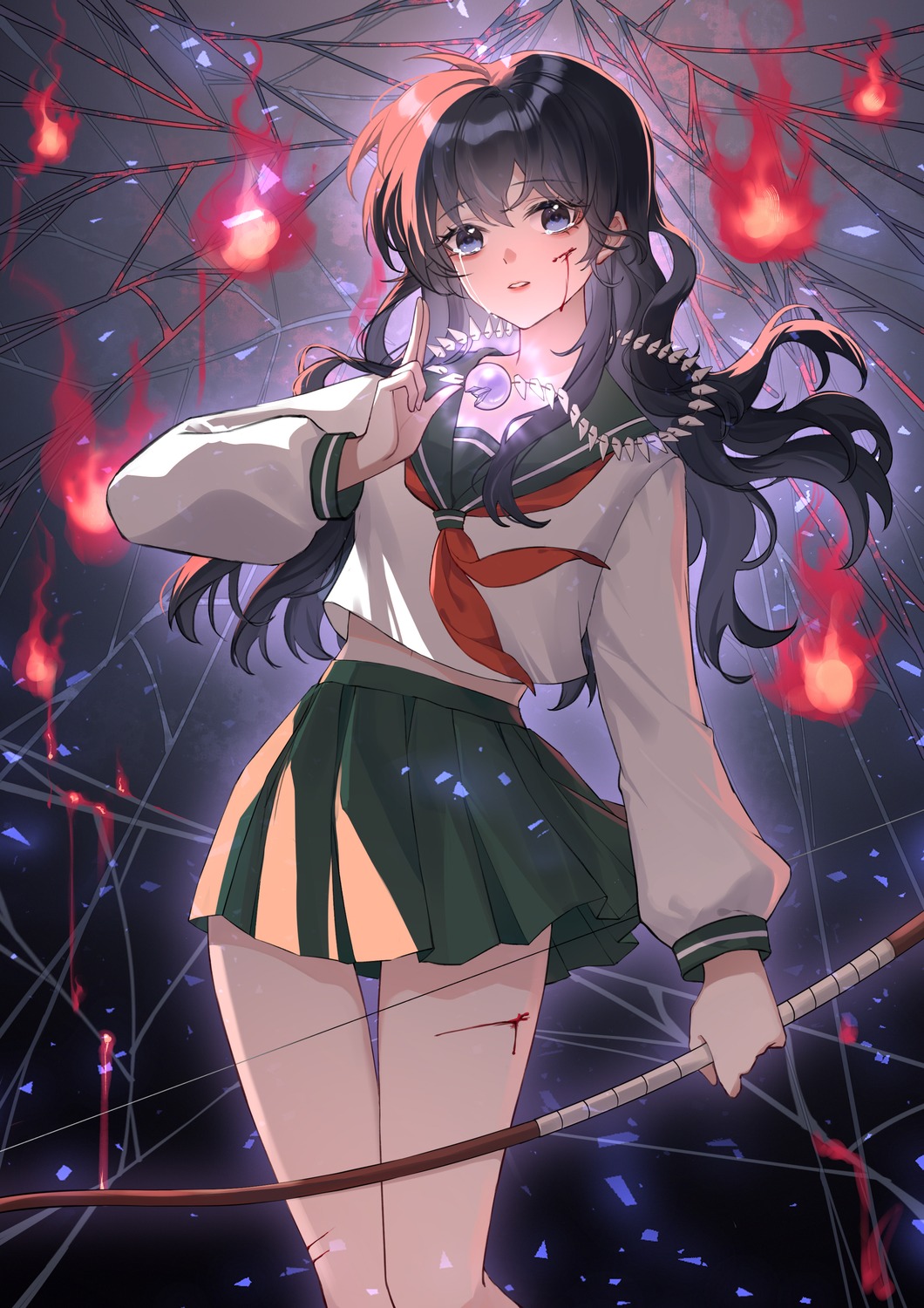 blood higurashi_kagome hu_chi_jiang inuyasha seifuku weapon