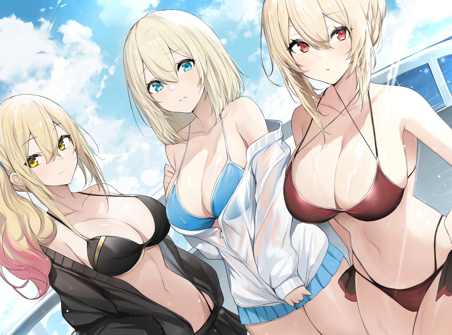 angelica_rapha_redgrave bikini bikini_top gym_uniform mengda olivia_(mobseka) open_shirt otome_gee_sekai_wa_mob_ni_kibishii_sekai_desu see_through swimsuits wet_clothes