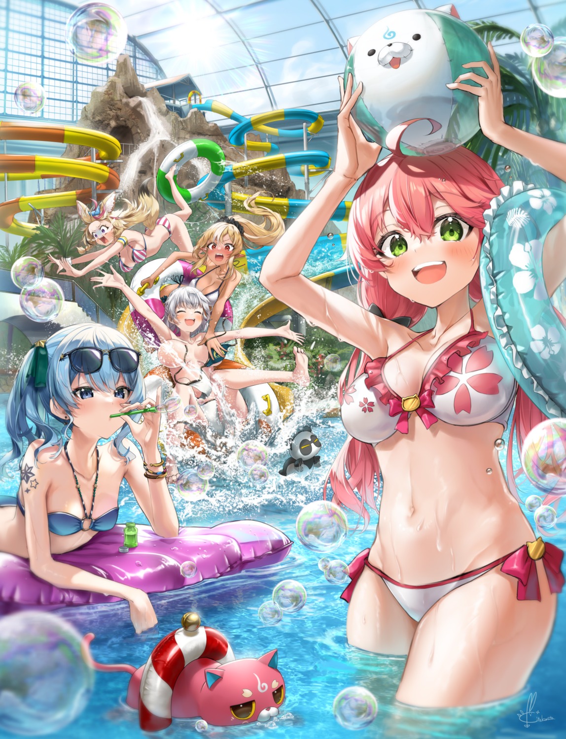 animal_ears bikini breasts censored elf hololive hoshimachi_suisei kintsuba_(shiranui_flare) kito_koruta megane neko omaru_polka pointy_ears sakura_miko shiranui_flare shirogane_noel swimsuits tail tattoo wardrobe_malfunction wet