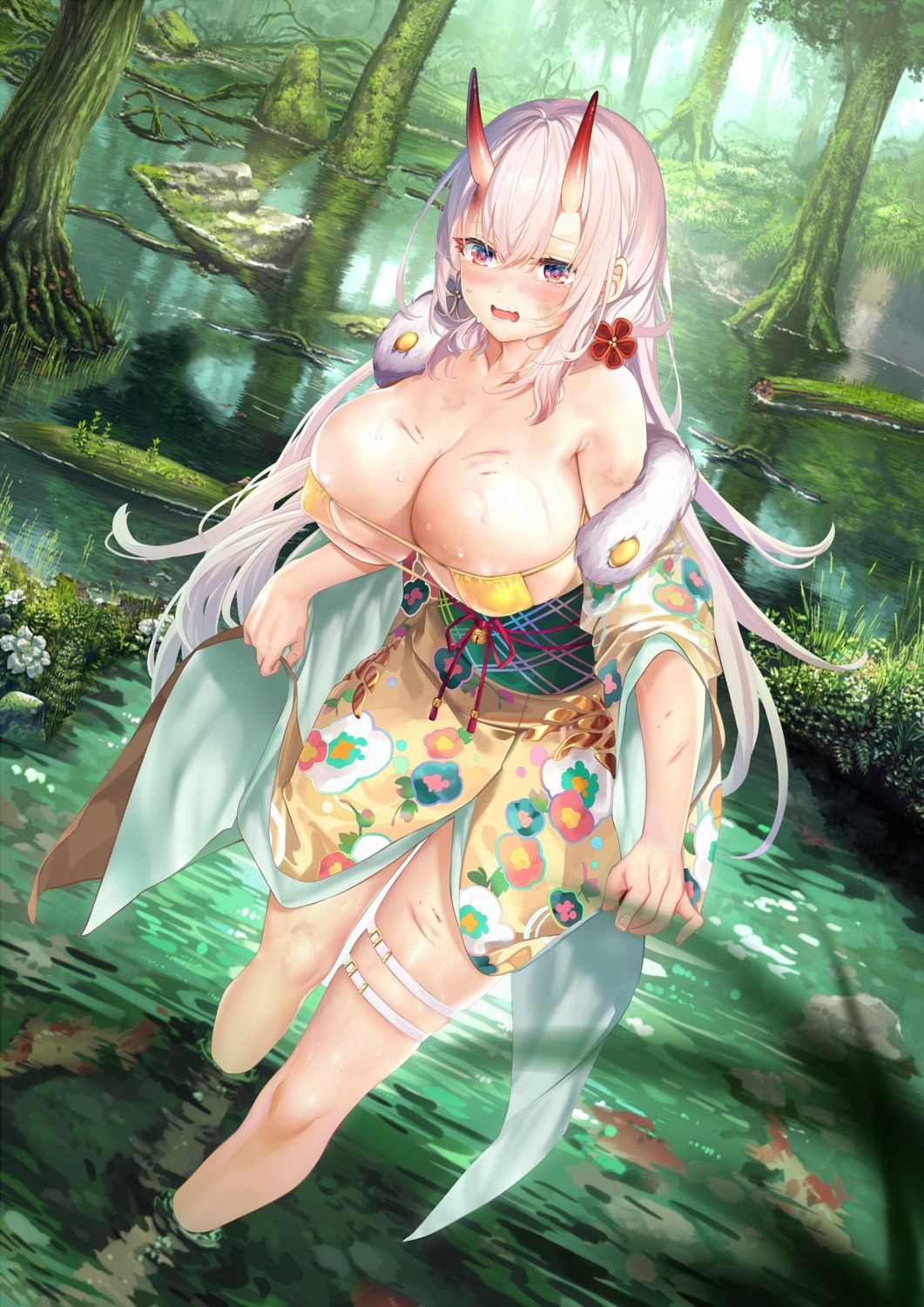 bra erect_nipples garter horns japanese_clothes qibuyurenjiu skirt_lift wet