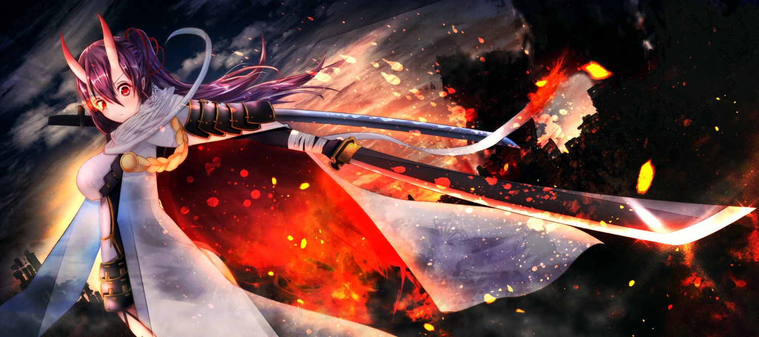 armor azur_lane bandages horns izumo_(azur_lane) selinen sword