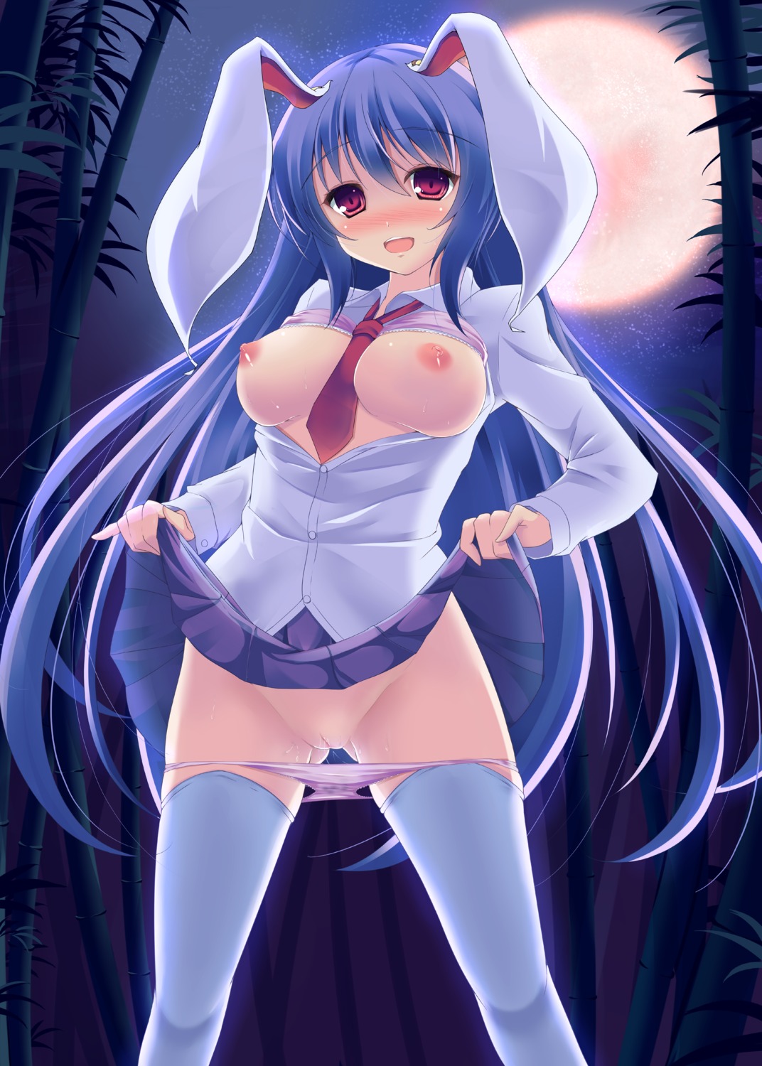 bra breasts nipples open_shirt pantsu panty_pull pussy pussy_juice reisen_udongein_inaba second_heaven skirt_lift thighhighs touhou