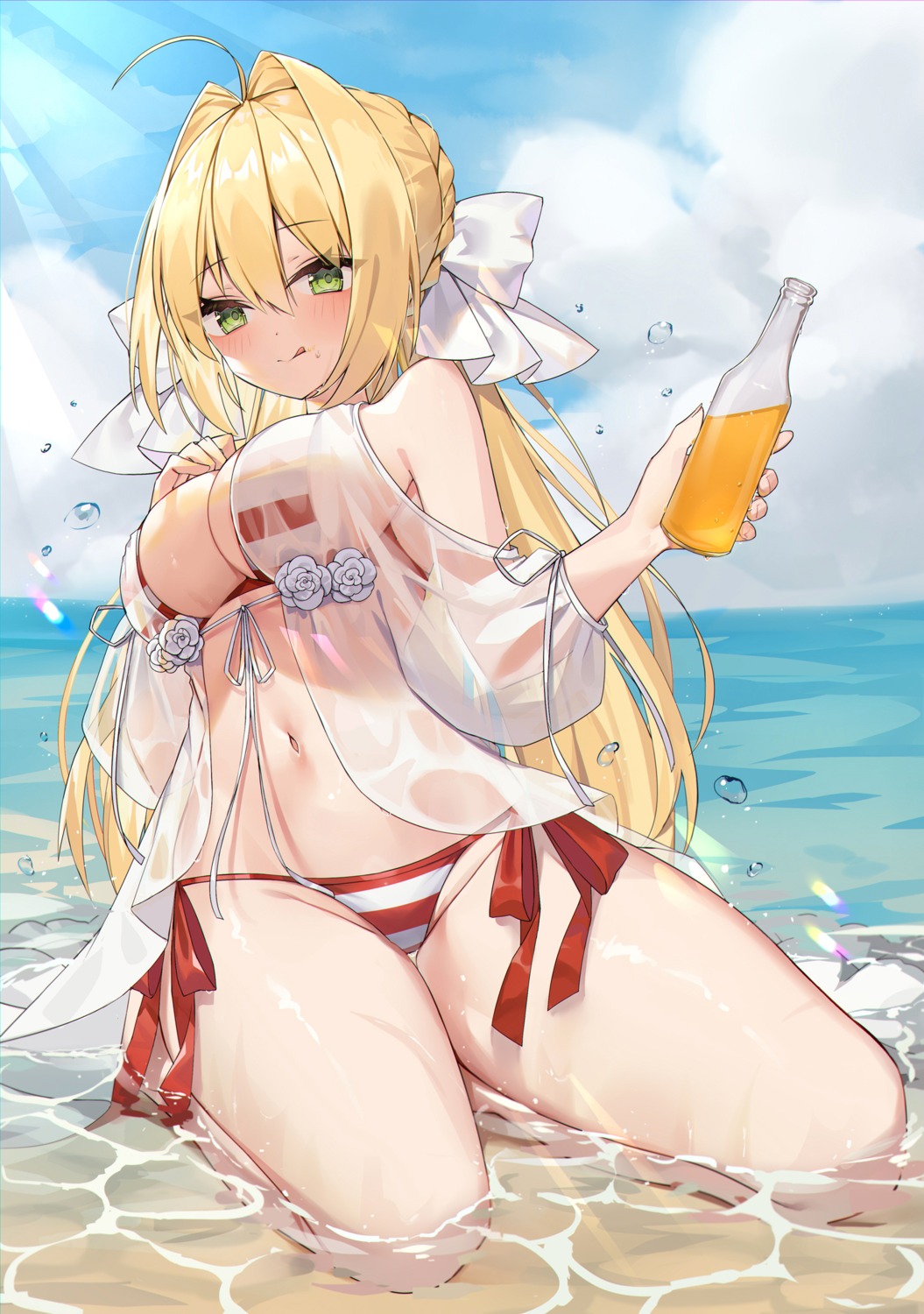 bikini fate/extra fate/grand_order fate/stay_night open_shirt saber_extra see_through swimsuits wet wet_clothes yuia