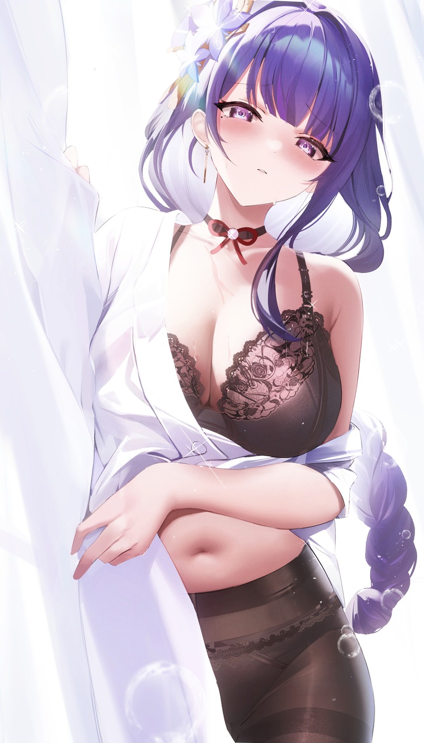 bra cleavage fantongjun genshin_impact open_shirt pantsu pantyhose raiden_shogun see_through