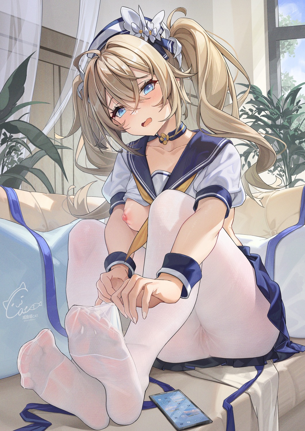 barbara_(genshin_impact) feet genshin_impact nipples no_bra pantyhose pussy seifuku shirt_lift skirt_lift youxuemingdie