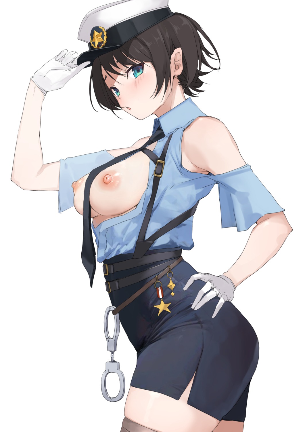 breasts hololive mitsuru_(pixiv_34028718) nipples no_bra oozora_subaru open_shirt police_uniform thighhighs