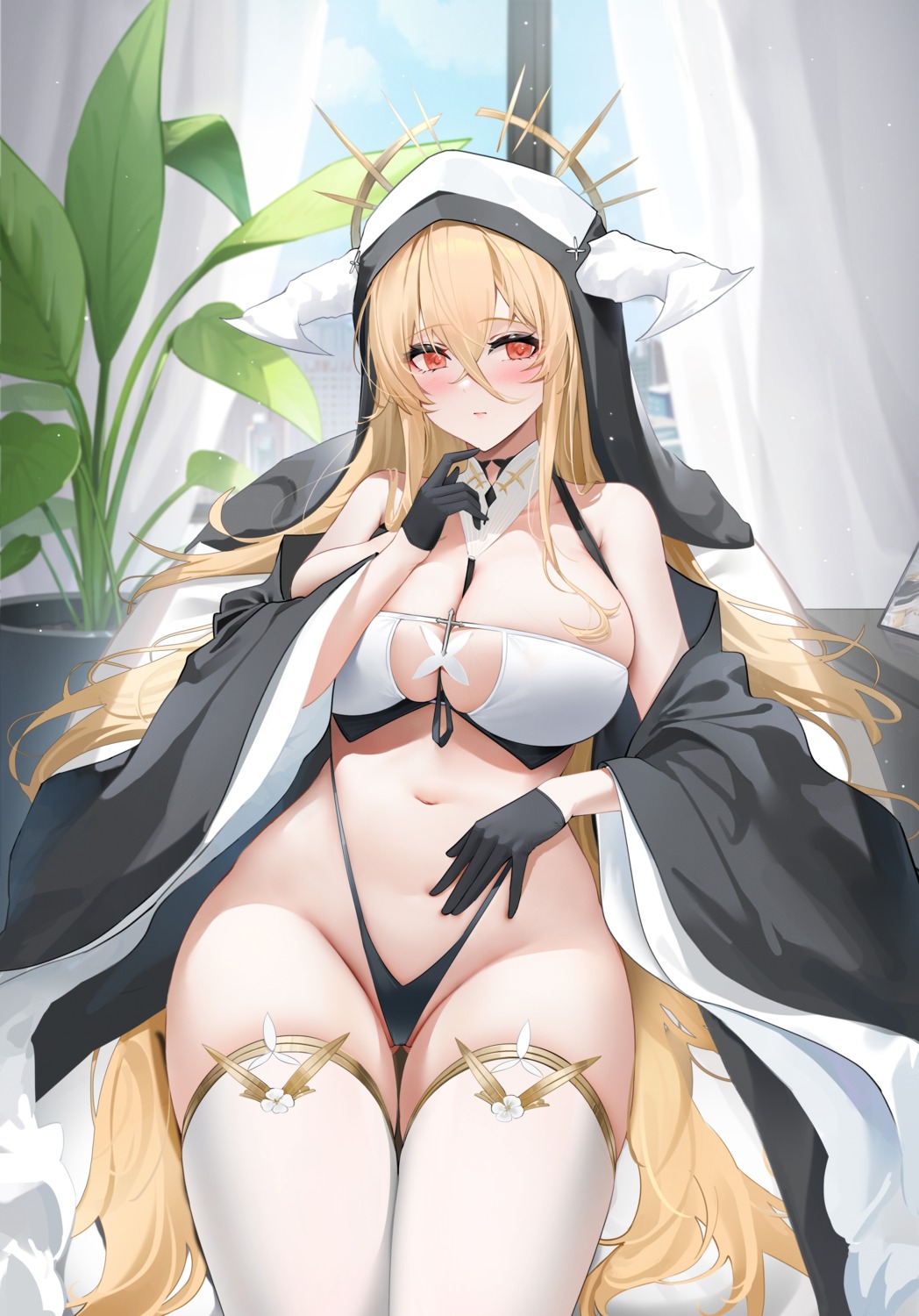 azur_lane horns implacable_(azur_lane) no_bra nun pantsu qing_wu thighhighs thong