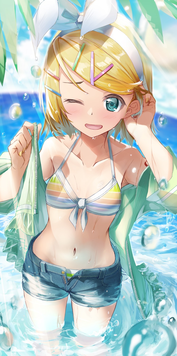 bikini daidou_(demitasse) kagamine_rin open_shirt swimsuits vocaloid wet