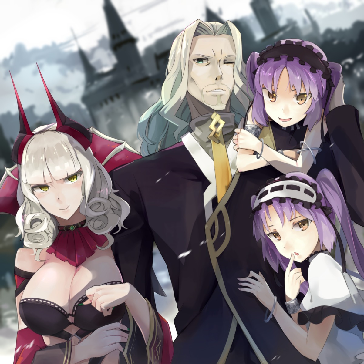 carmilla_(fate/grand_order) cleavage crossover dress euryale fate/apocrypha fate/grand_order fate/hollow_ataraxia fate/stay_night horns hsin lancer_of_black_(fate/apocrypha) stheno vlad_iii_(fate)