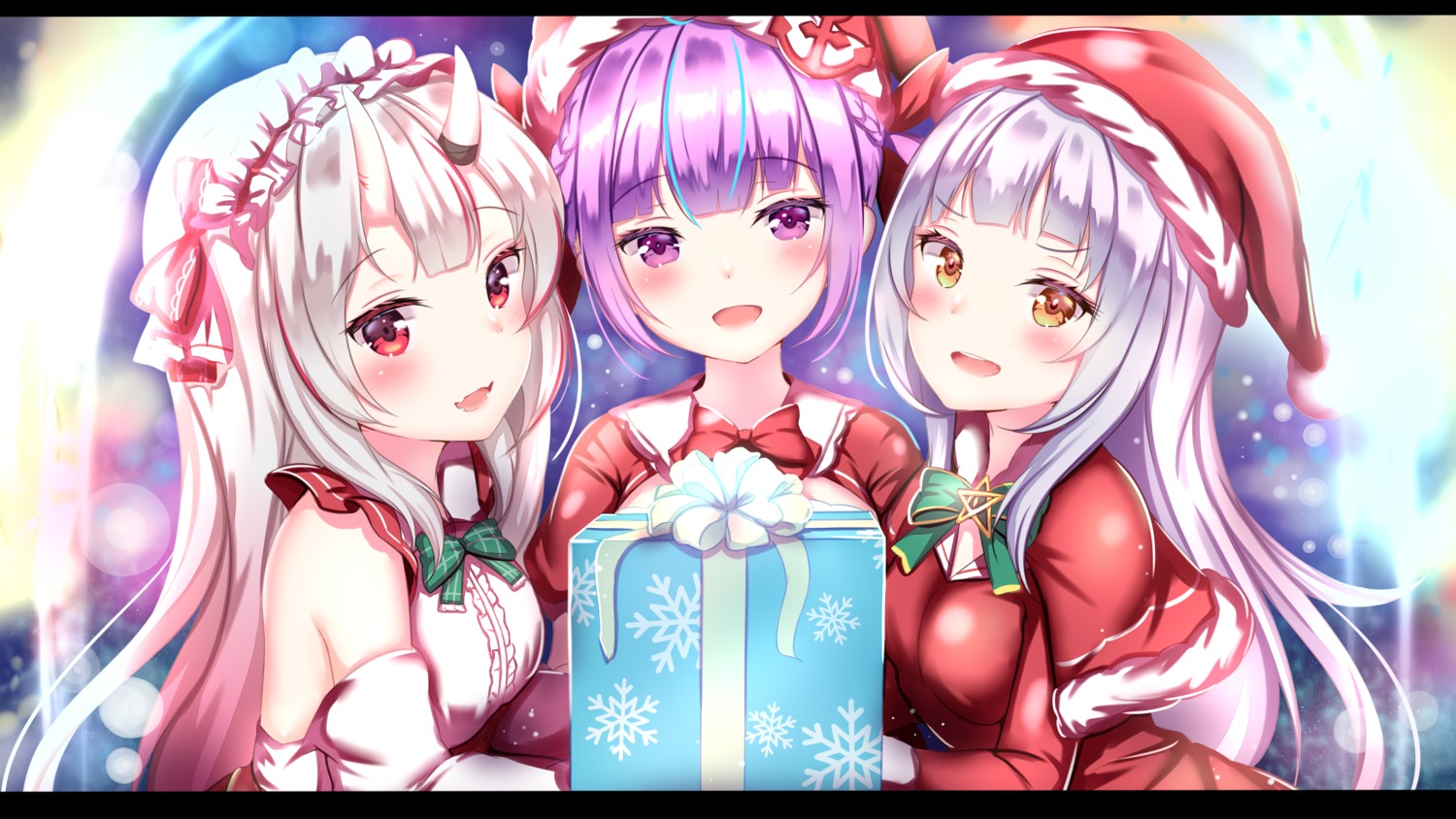 christmas hololive hololive_gamers horns minato_aqua murasaki_shion nekomata_okayu wallpaper yuano