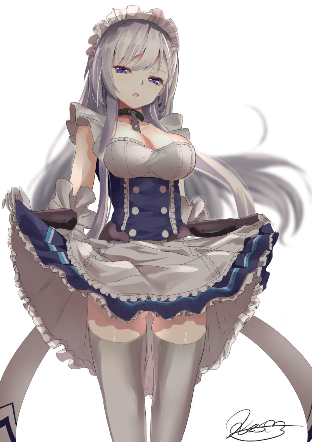 azur_lane belfast_(azur_lane) cleavage kesoshirou maid skirt_lift thighhighs