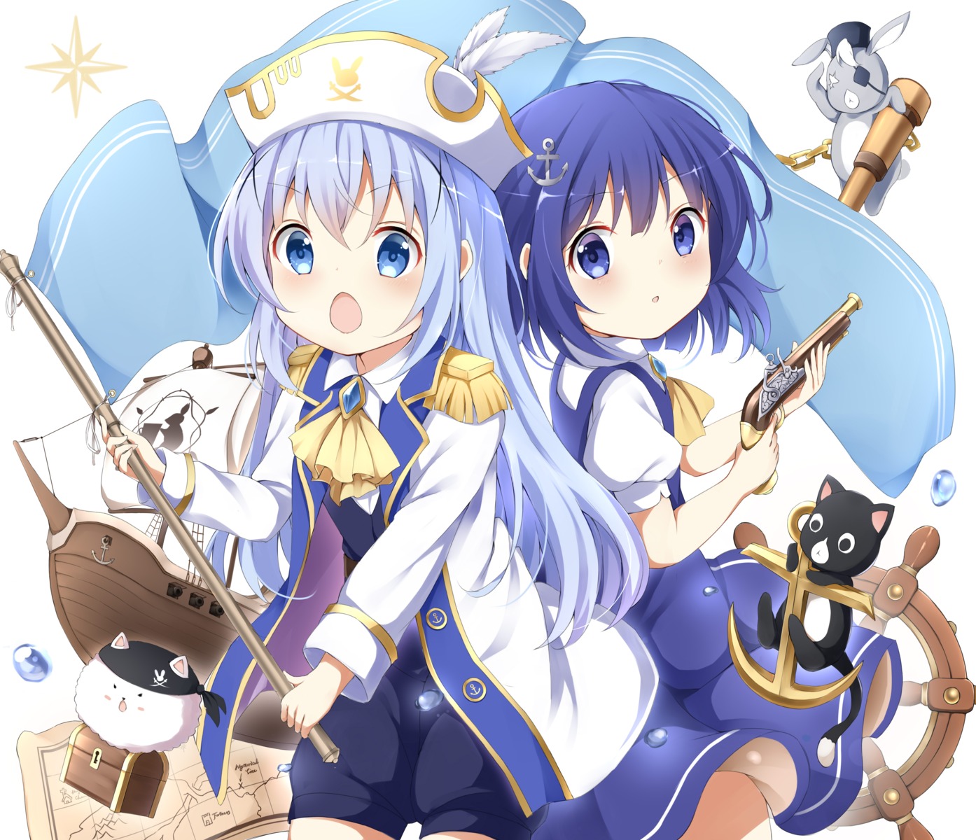 eyepatch fuiba_fuyu gochuumon_wa_usagi_desu_ka? gun kafuu_chino neko seifuku skirt_lift stick_jitb tippy_(gochuumon_wa_usagi_desu_ka?) uniform waitress wild_geese