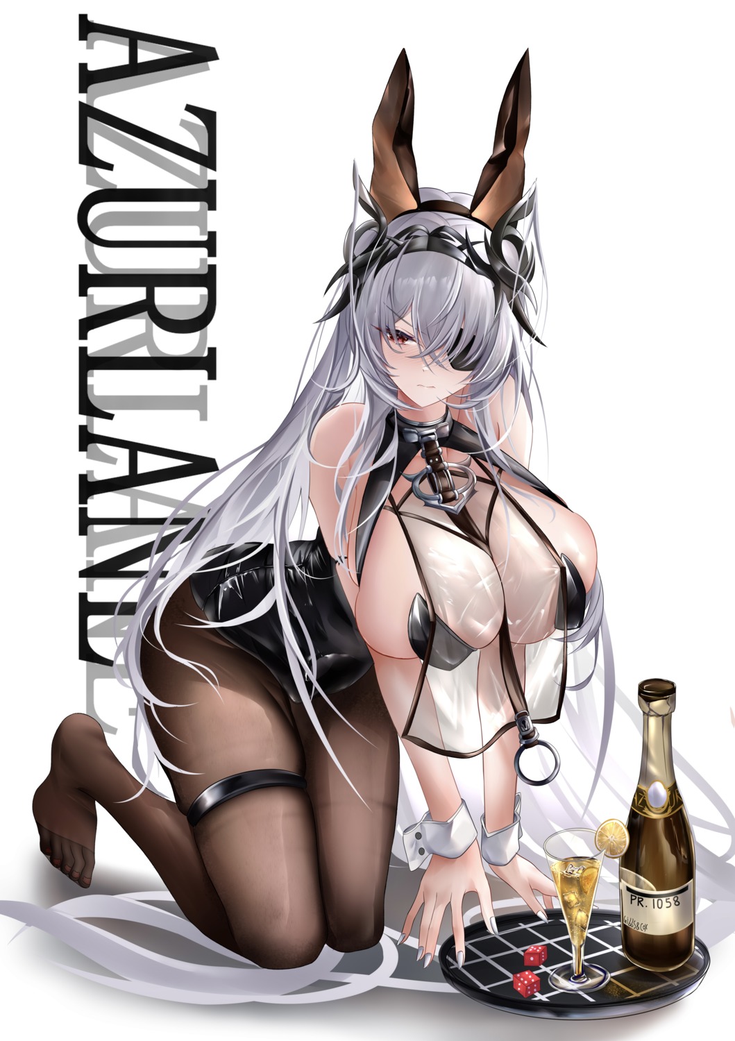 animal_ears azur_lane bunny_ears bunny_girl eyepatch fritz_rumey_(azur_lane) garter horns iue no_bra pantyhose see_through waitress