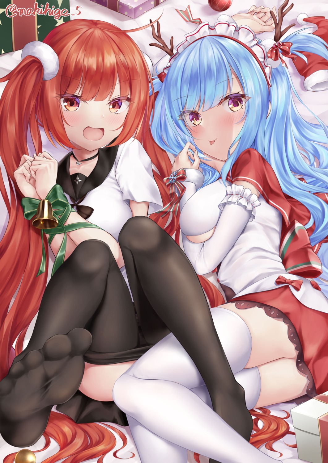 ass azur_lane bondage breast_hold christmas feet honolulu_(azur_lane) horns makihige neptune_(azur_lane) no_bra pantyhose see_through seifuku skirt_lift thighhighs underboob