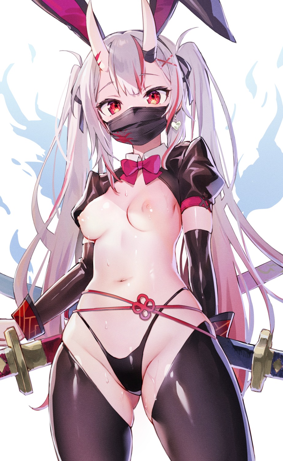 animal_ears ayaoshiro breasts bunny_ears bunny_girl garter hololive horns nakiri_ayame nipples no_bra pantsu sword thighhighs