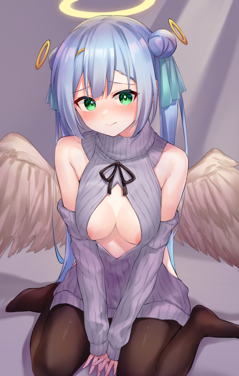 angel areola dress no_bra pantyhose pizza_(artist) sweater wings