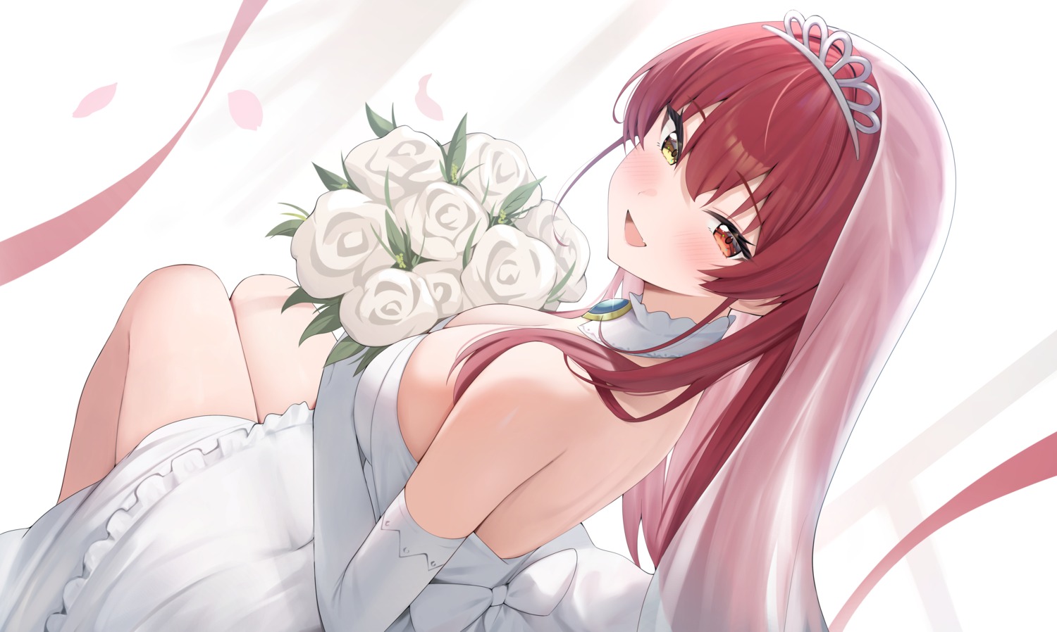 dress heterochromia hololive houshou_marine no_bra rei_(ilust9999) wedding_dress