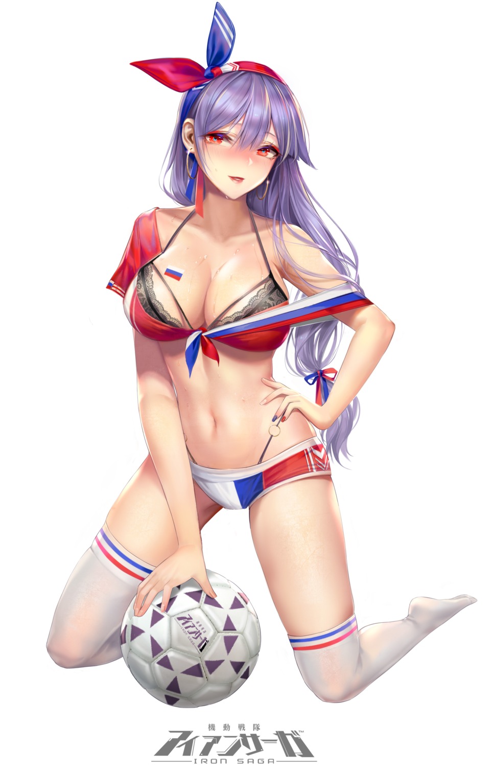 amanda_(iron_saga) bra cleavage kidou_sentai_iron_saga open_shirt soccer thighhighs uniform wet zjsstc